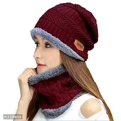 EVILLIVE Ultra Soft Unisex Woolen Beanie Cap Plus Neck Warmer Muffler Scarf Set for Men Women Girl Boy - (Inside Fur) Warm, Thick Fleece Lined Winter Hat (Red)