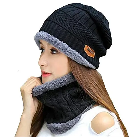 EVILLIVE Ultra Soft Unisex Woolen Beanie Cap Plus Neck Warmer Muffler Scarf Set for Men Women Girl Boy - (Inside Fur) Knit Hat Thick Fleece Lined Winter Hat