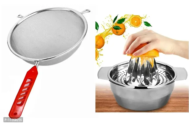 ZeniZeni Stainless Steel Soup & Juice Strainer/Liquid Filter 16Cm and Stainless Steel Hand Juicer Citrus Squeezer for Orange