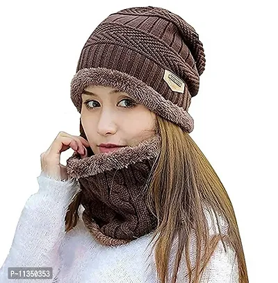 EVILLIVE Soft Unisex Woolen Beanie Cap Plus Neck Warmer Muffler Scarf Set for Men Women Girl Boy (Brown)