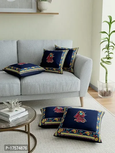 JaipurFabric? Applique Blue Dandiya Cushion Cover Set of 5 (16 x 16 Inch)