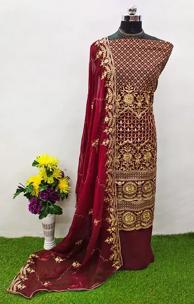 Elegant Georgette Aari Work Dress Material with Dupatta For Women