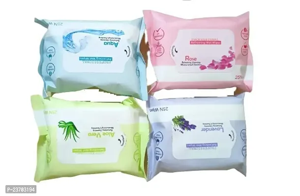 Refreshing Wet Wipes With 4 Different Fragrance, Facial Wet Wipes For Face And Travel Use For Girls And Boys Pack Of 4