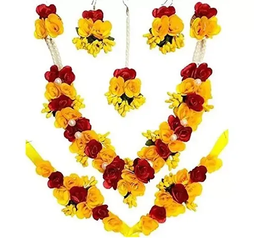 Haldi jewellery set for women bridal flower jewellery set for haldi bridal jewellery set for wedding Necklace, Earrings, Bracelet Maang Tika set for Women Girls (Mehandi/Haldi/Wedding/Bridal/Baby Shower)