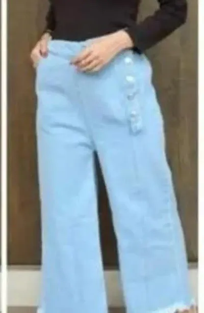 Elegant Blue Cotton Blend Solid Trousers For Girls
