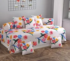 Beautiful 240 TC 100 % Glace Cotton Elegant Striped Pattern Diwan Set with 8 Pieces, One Single Bed Sheet with 5 Cushions Covers and 2 Bolster Covers (White-Red)-thumb1