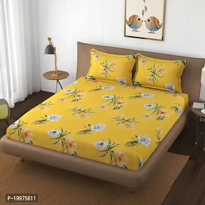 Dutchcoop ?? Beautiful 260 TC 100% Polycotton Elegant Flower Design One Double Bed Sheet with 2 Pillow Covers (Bedsheet Size 90x90 Inch)(Pillow Cover Size 18x28 Inch) (Yellow-Flower)-thumb0