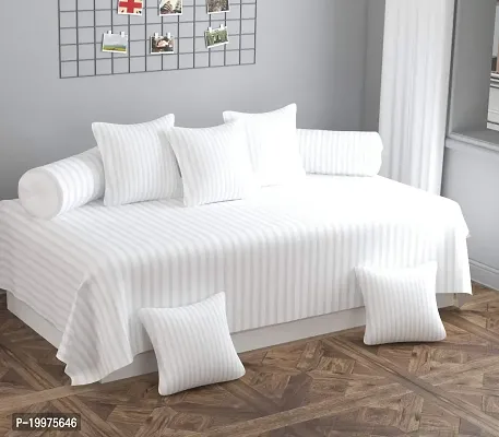 Dutchcoop ?? Beautiful 240 TC 100 % Polycotton Elegant Striped Pattern Diwan Set with 8 Pieces, One Single Bed Sheet with 5 Cushions Covers and 2 Bolster Covers (White)-thumb0