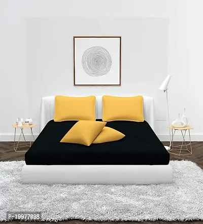 Dutchcoop ?? Beautiful 240 TC 100% Polycotton Elegant Design Black One Double Bed Sheet with 2 Yellow Pillow Covers (Bedsheet Size 90x90 Inch)(Pillow Cover Size 18x28 Inch) (Black)-thumb0