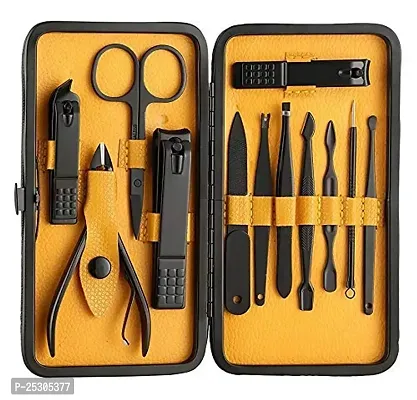 LANELLIE Essentials Manicure Set Nail Clippers, Stainless Steel Nail Scissors Grooming Kit, Acne needle, Blackhead Tool Leather Travel Case (Yellow)