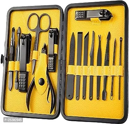 LANELLIE Manicure Set 15 In 1 Professional Stainless Steel Nail Clipper Pedicure Kit Nail Scissors for Men or Women Grooming Kit with Black Leather Travel Case (yellow)