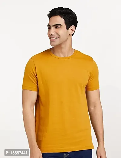 Reliable Yellow Cotton Solid Round Neck Tees For Men-thumb0