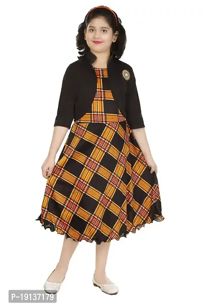 DIGIMART Girls' Knee Length Yellow Checks Frock,Black Jacket Dress