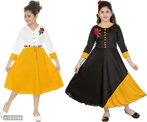 DIGIMART Girl's Yellow Long Dress Gown  Yellow Belt Frock Combo Set