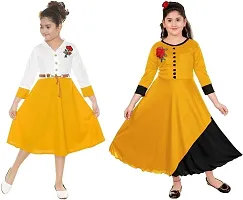 DIGIMART Girl's Black Long Dress Gown  Yellow Belt Frock Combo Set-thumb1