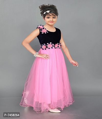 Stylish Fancy Net A-Line Dress Self Pattern Pink Fullmaxi Frock For Girls-thumb3