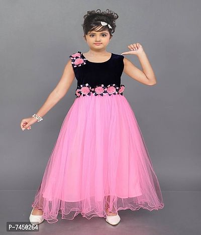 Stylish Fancy Net A-Line Dress Self Pattern Pink Fullmaxi Frock For Girls-thumb0