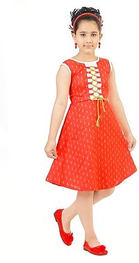 Stylish Fancy Cotton A-Line Dress Self Pattern Orange Knee Length Frock For Girls-thumb2