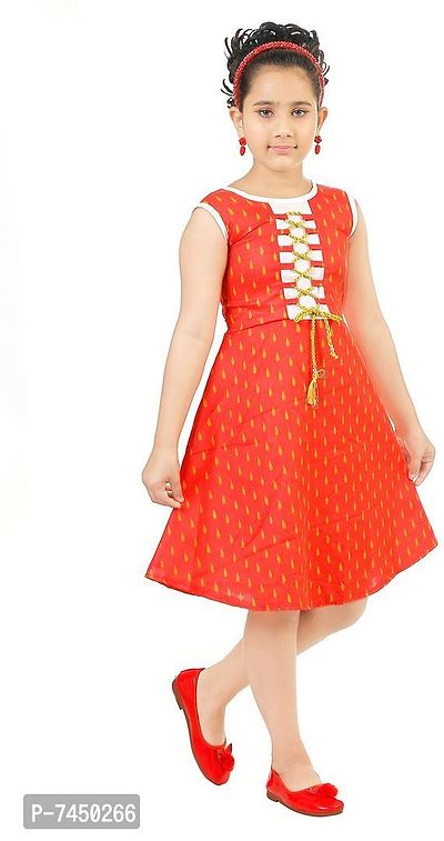 Stylish Fancy Cotton A-Line Dress Self Pattern Orange Knee Length Frock For Girls-thumb3