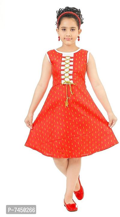 Stylish Fancy Cotton A-Line Dress Self Pattern Orange Knee Length Frock For Girls-thumb0