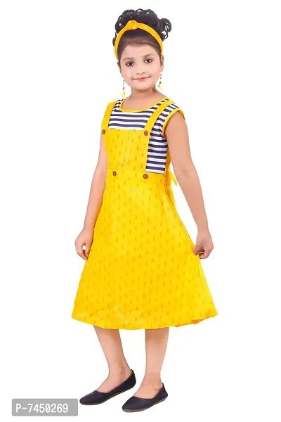Stylish Fancy Cotton A Line Dress Self Pattern Yellow Knee Length Frock For Girls-thumb3