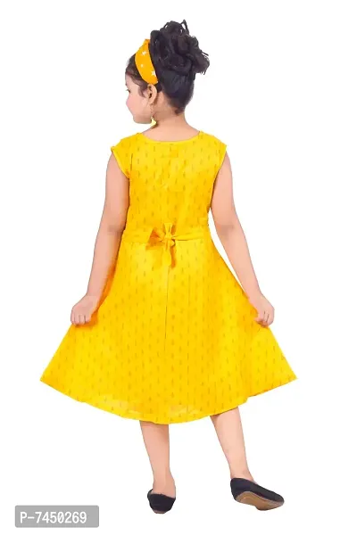 Stylish Fancy Cotton A Line Dress Self Pattern Yellow Knee Length Frock For Girls-thumb2