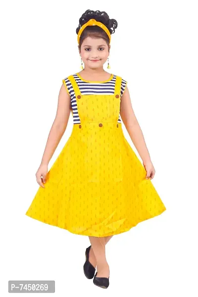 Stylish Fancy Cotton A Line Dress Self Pattern Yellow Knee Length Frock For Girls-thumb0
