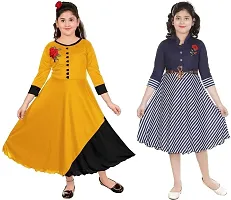DIGIMART Girl's Yellow Long Dress Gown  Blue Striped Frock Combo Set-thumb1
