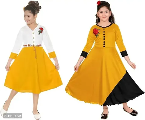 DIGIMART Girl's Black Long Dress Gown  Yellow Belt Frock Combo Set