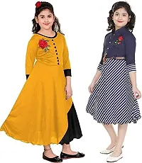 DIGIMART Girl's Yellow Long Dress Gown  Blue Striped Frock Combo Set-thumb3