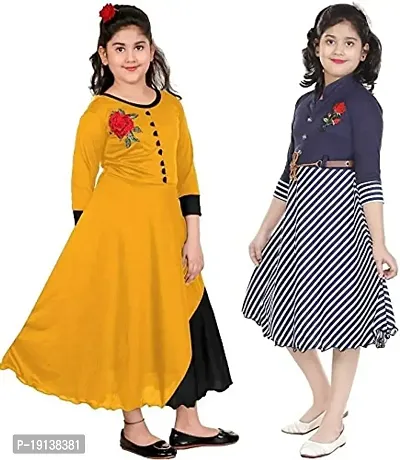 DIGIMART Girl's Yellow Long Dress Gown  Blue Striped Frock Combo Set-thumb4