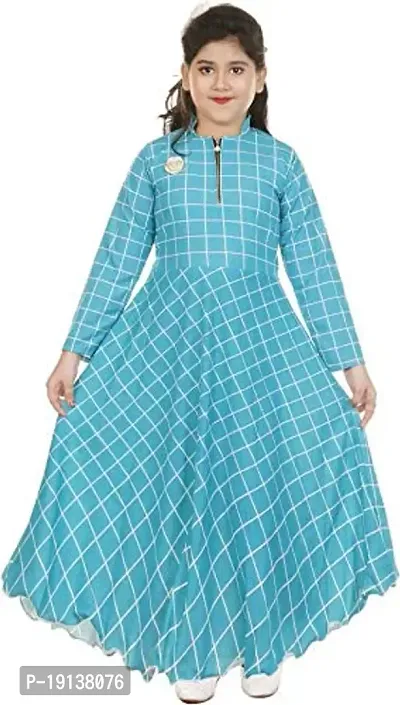 DIGIMART Girl's Long Checks Printed Maxi Dress Gown Full-Sleeves (Blue)