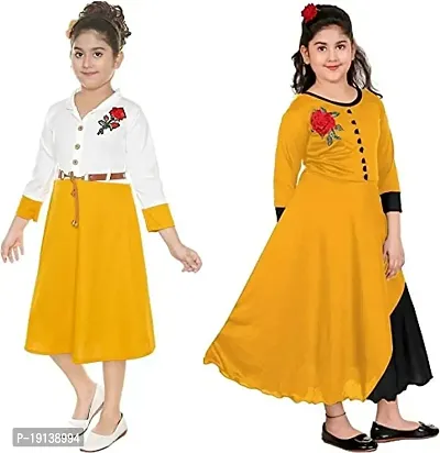 DIGIMART Girl's Yellow Long Dress Gown  Yellow Belt Frock Combo Set 6-7 Years-thumb4