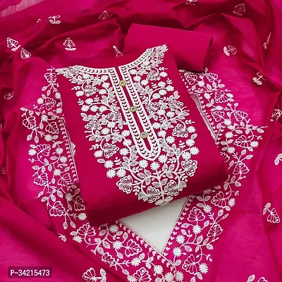 Stylish Pink Cotton Embroidered Dress Material With Dupatta For Women-thumb0