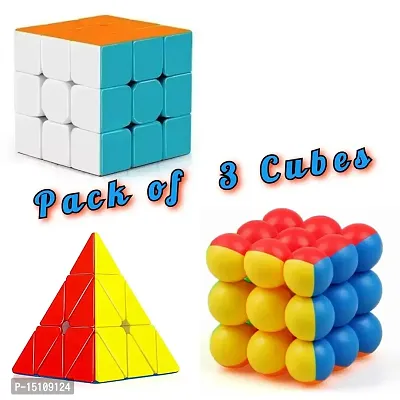 COMBO (PACK OF 3)Pyramid ,High Speed Magic and Ball Cube/Balloon Cube/Bubble Cube For Kids  Adults | Puzzle Games| Pyramid ,Speed and Magic bubble Stickerless Rubiks |Multi Color Sticker Less, Super-thumb0