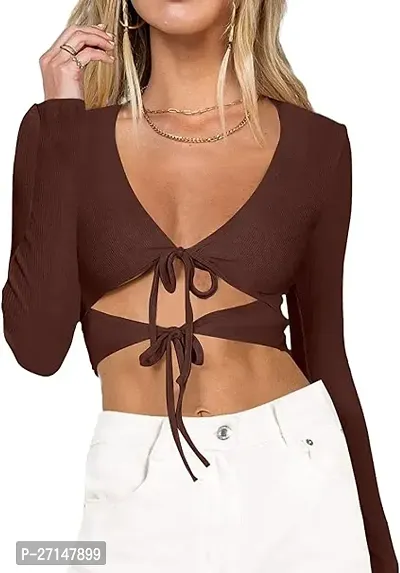 Elegant Brown Cotton Solid Crop Length Top For Women