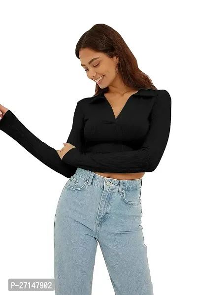 Elegant Black Cotton Solid Crop Length Top For Women-thumb0