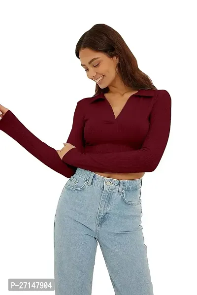 Elegant Maroon Cotton Solid Crop Length Top For Women-thumb0