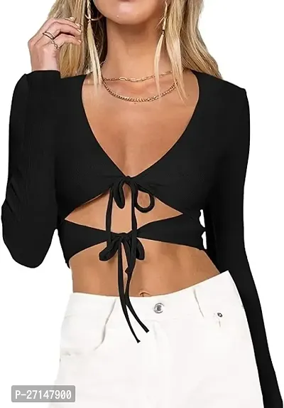 Elegant Black Cotton Solid Crop Length Top For Women