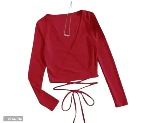 Elegant Red Cotton Solid Crop Length Top For Women