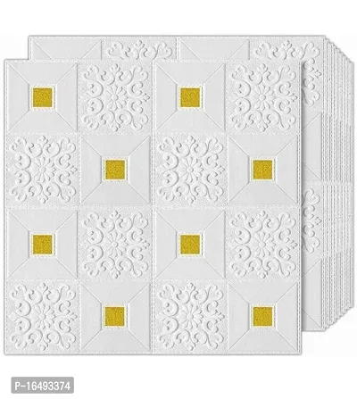 CuteWallDesigns Ceiling Wallpaper (1 Pcs) 3D Foam wallpaper Sticker Panels I Ceiling Wallpaper for Living Room Bedroom I Furniture, Door I Foam Tiles (Square Design, Gold on White Colour, 1 Pieces, 70