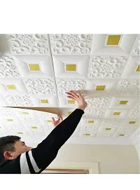 CuteWallDesigns Ceiling Wallpaper (1 Pcs) 3D Foam wallpaper Sticker Panels I Ceiling Wallpaper for Living Room Bedroom I Furniture, Door I Foam Tiles (Square Design, Gold on White Colour, 1 Pieces, 70-thumb2