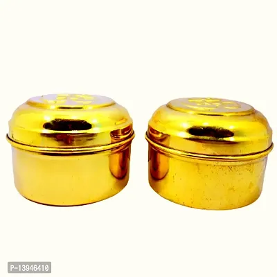 Subhekshana MetalsCrafts Brass Box Pooja | Puja - Mandir Roli/Chawal/Chandan/Kumkum Puja Box/Dabbi-Tall Brass Box Box with Om (Multicolour, Standard, 4x6 cm)(Set of 2)