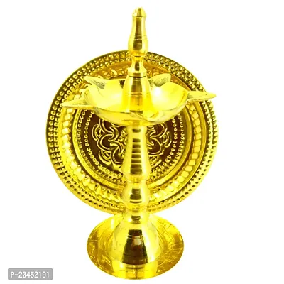 Subhekshana Metals Crafts  Brass   Kuthuvilakku. Brass Puja  oil Lamp with Plate.Embossed  Design for Home and Office Decoration -.(set of 2)