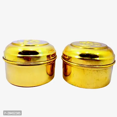 Subhekshana MetalsCrafts Brass Box Pooja | Puja - Mandir Roli/Chawal/Chandan/Kumkum Puja Box/Dabbi-Tall Brass Box Box with Om (Multicolour, Standard, 4x6 cm)(Set of 2)-thumb0