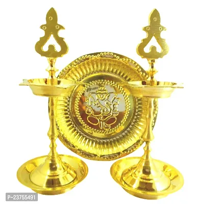 Subhekshana  Brass Oil Lamp with Plate  (9.0 Inchs Height  Set of 2 with Ganesh  Plate) Brass Metal oil Lamp with Plate.-thumb0