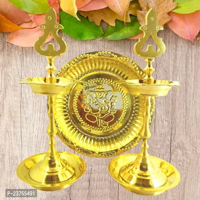 Subhekshana  Brass Oil Lamp with Plate  (9.0 Inchs Height  Set of 2 with Ganesh  Plate) Brass Metal oil Lamp with Plate.-thumb2