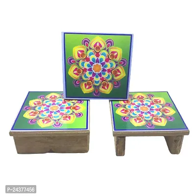 Subhekshana Wooden Puja Chowki | Traditional  Durable Perfect Decor for Festivals II Decorative  Items for Home Pooja mandir (8X8X4CM)(Pack of 2)-thumb0