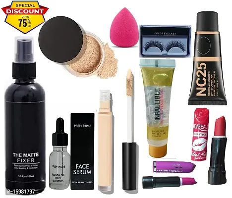 BLD Shine Makeup Combo of 10 Products (Fixer, Loos Powder, Face Serum, Concealer, Infallible, Foundation, Eyelashes, Puff  2 Lipstick)