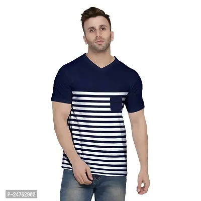 Men Striped Scoop Neck Cotton Blend Navy Blue T-Shirt (Medium, 100)-thumb0